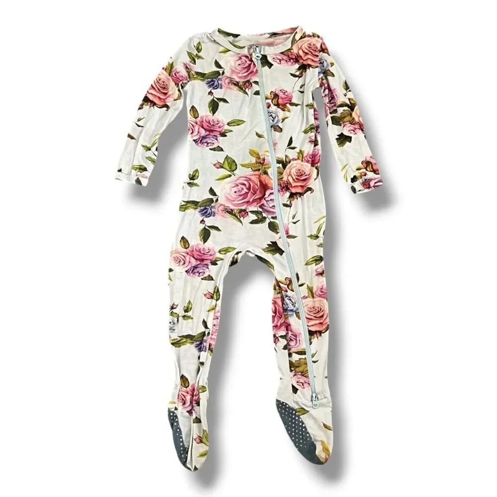 HAPIU Bamboo Light Blue with Roses Dual Zip Footie Sleeper Pajama Size 12-18M
